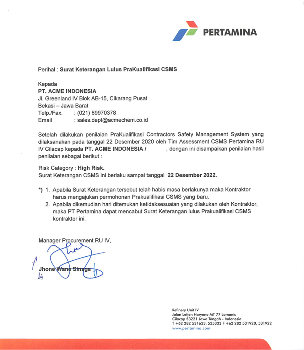 PT ACME INDONESIA IS CERTIFIED CONTRACTOR SAFETY MANAGEMENT SYSTEM (CSMS) FOR HIGH-RISK WORKS BY PERTAMINA