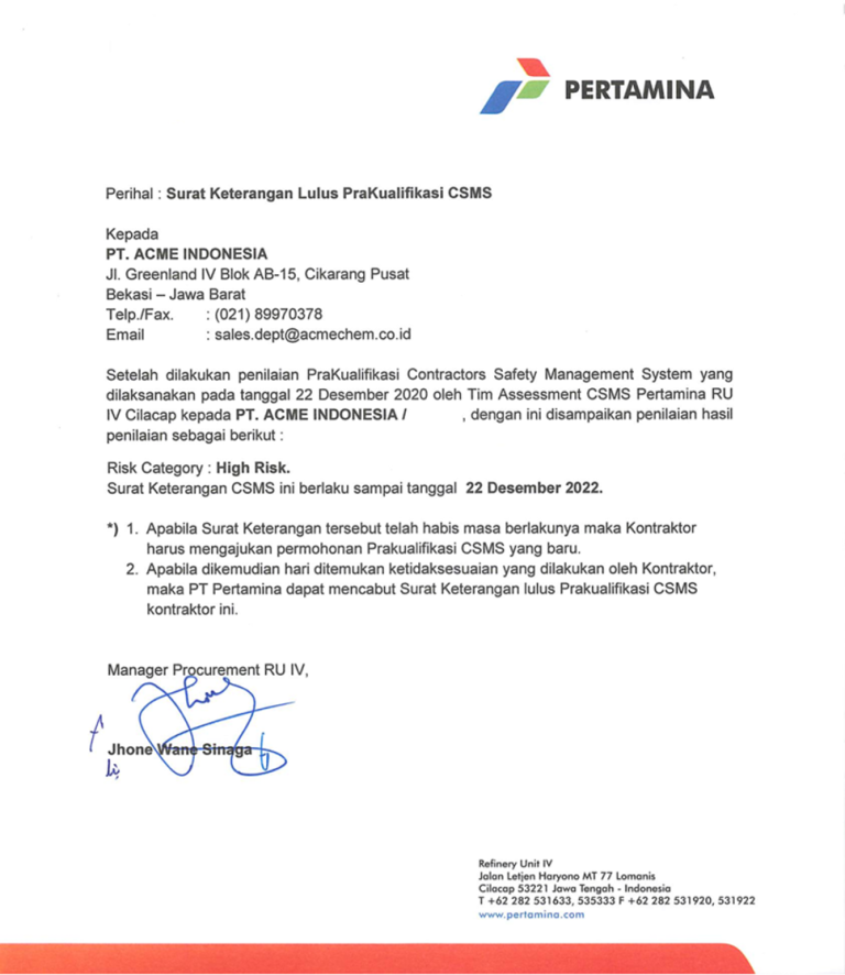 PT Acme Indonesia is Certified by Contractor Safety Management System (CSMS) for High-Risk Works by Pertamina